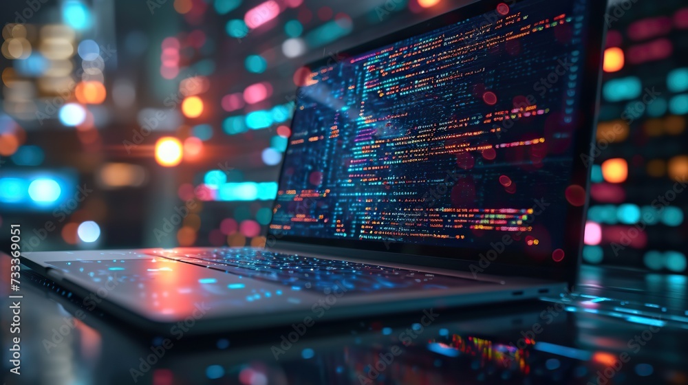 Side view of a modern laptop on a desk with a colorful display of programming code, reflecting the vibrant life of a software developer. Side view of a modern laptop on a desk with a colorful display of programming code, reflecting the vibrant life of a software developer.