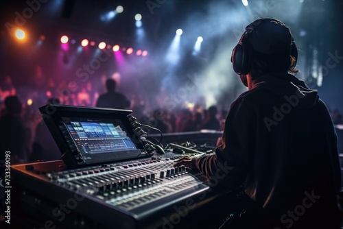 A man is seen sitting at a mixing desk wearing headphones. This image can be used to depict a music producer or sound engineer working in a studio