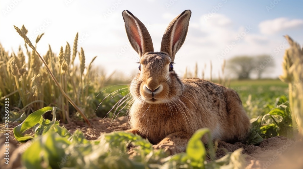 A rabbit sitting in the middle of a field. Suitable for nature and animal-related projects A rabbit sitting in the middle of a field. Suitable for nature and animal-related projects