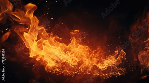 A close-up view of a fire on a black background. This image can be used to depict warmth, energy, or danger. Ideal for use in various design projects