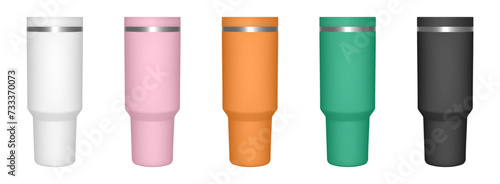 Thermo cup with lid. 3d mockup of a travel tumbler. Set of white, pink, orange, green and black mugs. Thermos template	