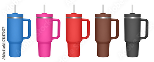 Thermo cup with handle and straw. 3d mockup of a travel thermos. Set of blue, pink, red, brown and black mugs. Tumbler template