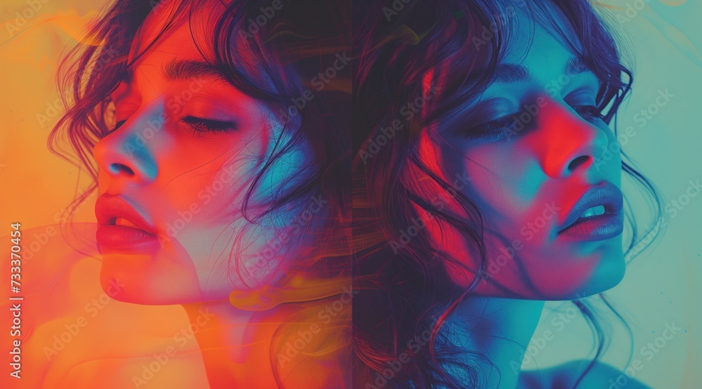 Girl with a woman colorful background, in the style of deconstructed minimalism, double exposure Girl with a woman colorful background, in the style of deconstructed minimalism, double exposure