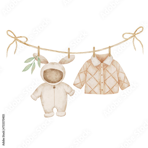 Baby clothes hanging on a rope isolated on white background. Watercolor hand drawn illustration. Kids clothing, eucalyptus branch. Perfect for cards, invitations and packaging.