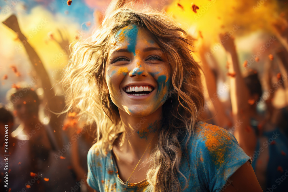 Happy Woman with colorful face enjoy at holi color festival Happy Woman with colorful face enjoy at holi color festival