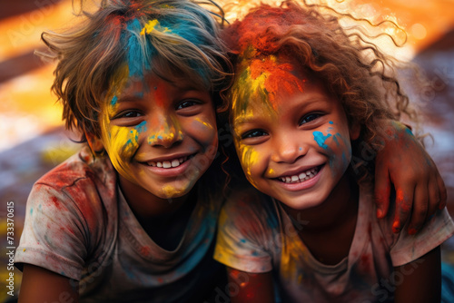 Happy children with colorful face enjoy at holi color festival