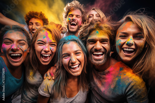 Happy group of people celebrating Holi the Festival of Colours