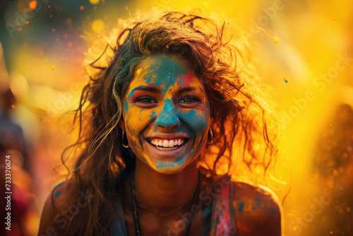 Happy Woman with colorful face enjoy at holi color festival, There is empty space for text on the top of the photo,