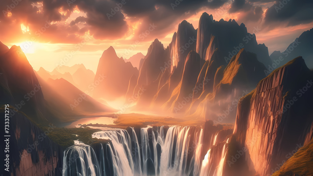 a breathtaking nature wallpaper featuring a majestic waterfall cascading down rugged cliffs, generative ai - obrazy, fototapety, plakaty 