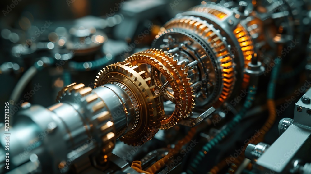 Detailed image of interconnected gears and cogs within machinery, highlighting the intricacies of mechanical engineering. Detailed image of interconnected gears and cogs within machinery, highlighting the intricacies of mechanical engineering.