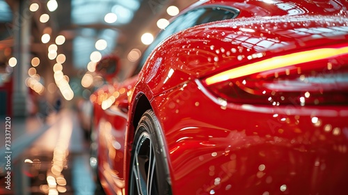 The rear view of a sleek red sports car captures the essence of luxury and speed, complemented by a soft bokeh light background in a showroom. © Sodapeaw