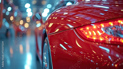 Close-up of a red car's taillight with a vibrant bokeh light effect in the background, highlighting modern automotive design and urban night life. © Sodapeaw