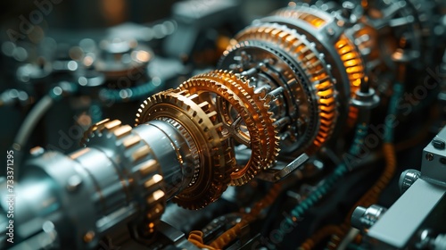Detailed image of interconnected gears and cogs within machinery, highlighting the intricacies of mechanical engineering.