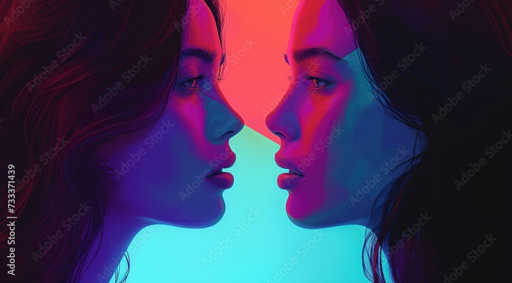 Girl with a woman colorful background, in the style of deconstructed minimalism, double exposure