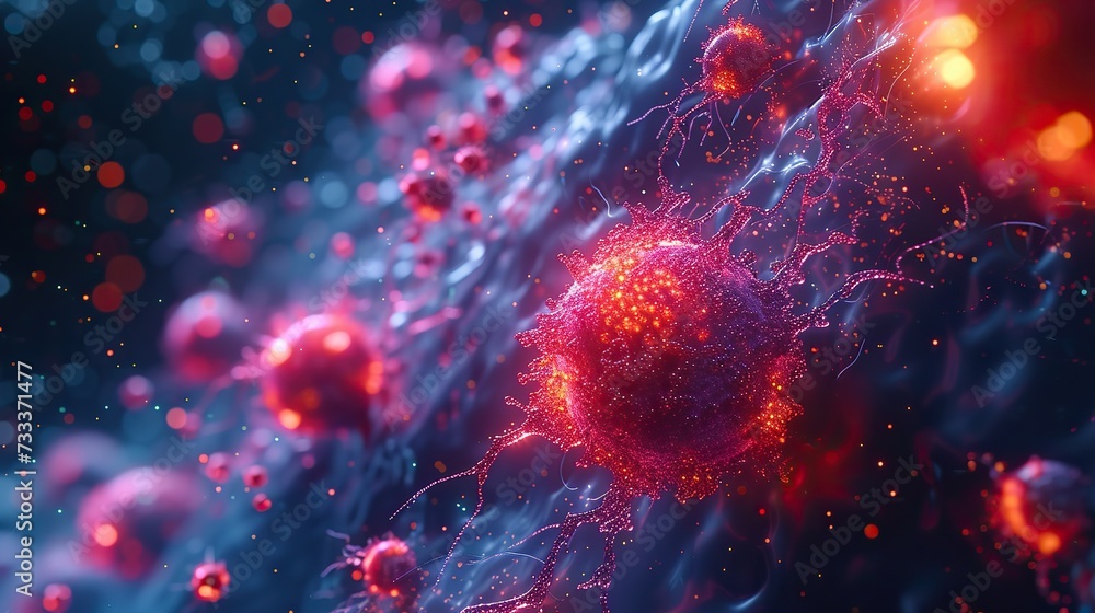 Digital art of viral particles traveling through the bloodstream, highlighting the concept of infection and spread within a body. Digital art of viral particles traveling through the bloodstream, highlighting the concept of infection and spread within a body.