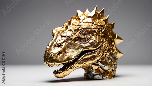 Aus goldener Metallfolie geformter Dinosaurierkopf photo