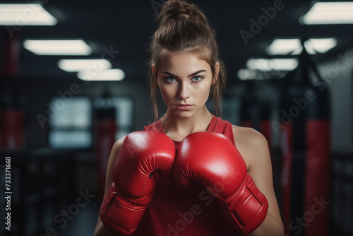 Portrait of a boxer girl in gloves against the backdrop of the gym © Evgeniya