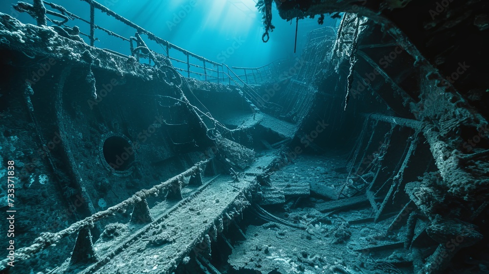 Drowning old ship interior diving wallpaper background - obrazy, fototapety, plakaty 