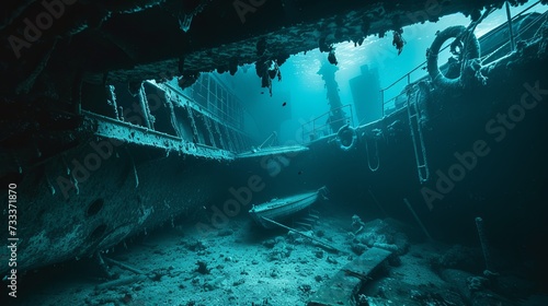 Drowning old ship interior diving wallpaper background © Irina