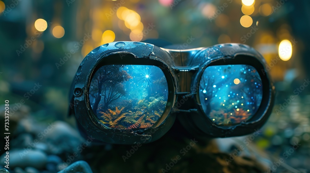 Virtual reality goggles rest on a natural backdrop, showing a magical ...