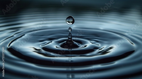 A single water droplet hangs suspended above a smooth water surface  moments before impact causes radial ripples.