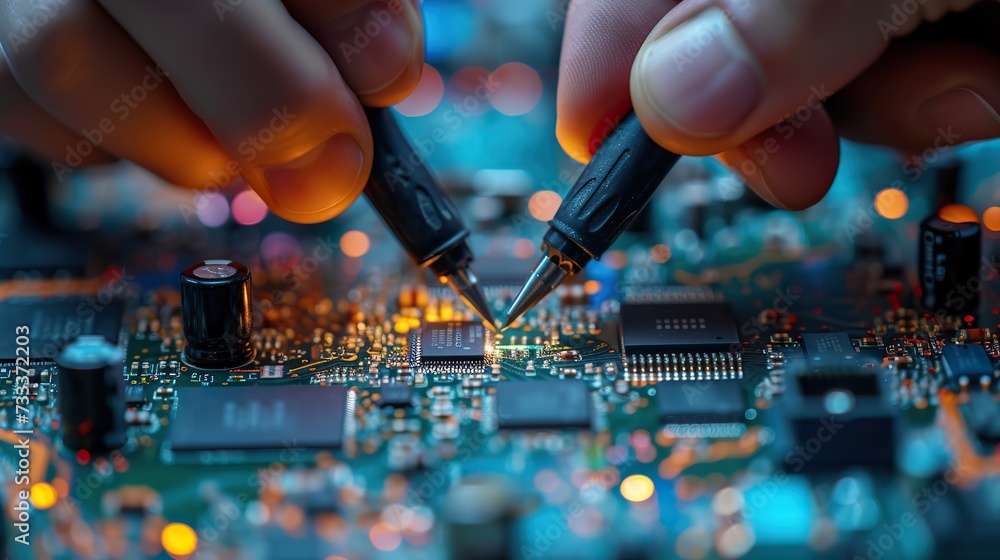 An electronic technician meticulously measures a microchip on a circuit board using multimeter probes in a high-tech environment. An electronic technician meticulously measures a microchip on a circuit board using multimeter probes in a high-tech environment.