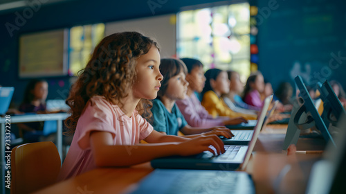 Children sitting in row at school classroom and using laptops