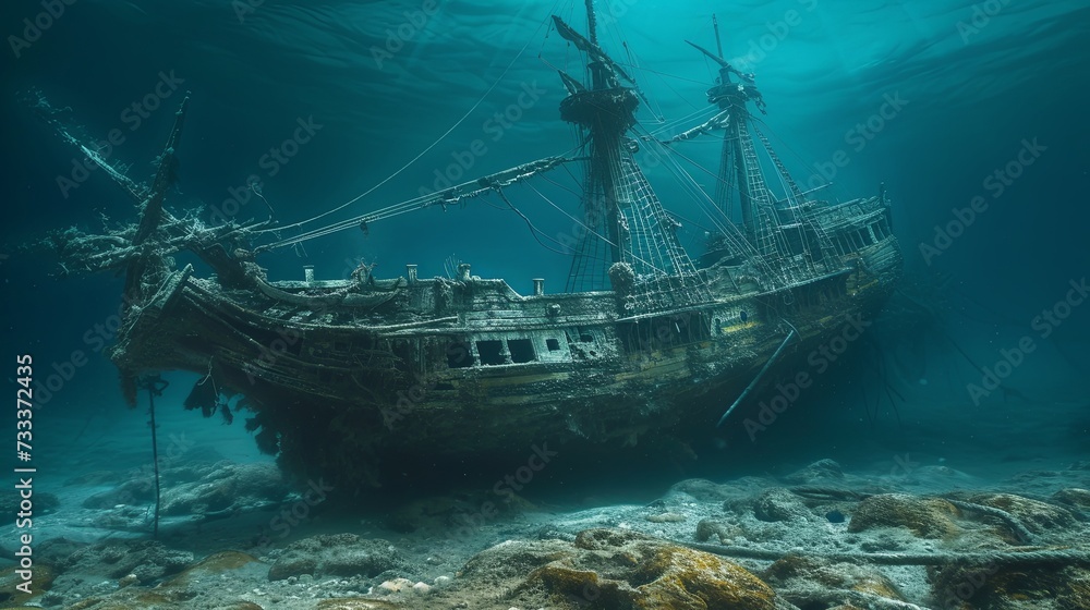 Old ancient pirate ship laying on sea bottom wallpaper background
