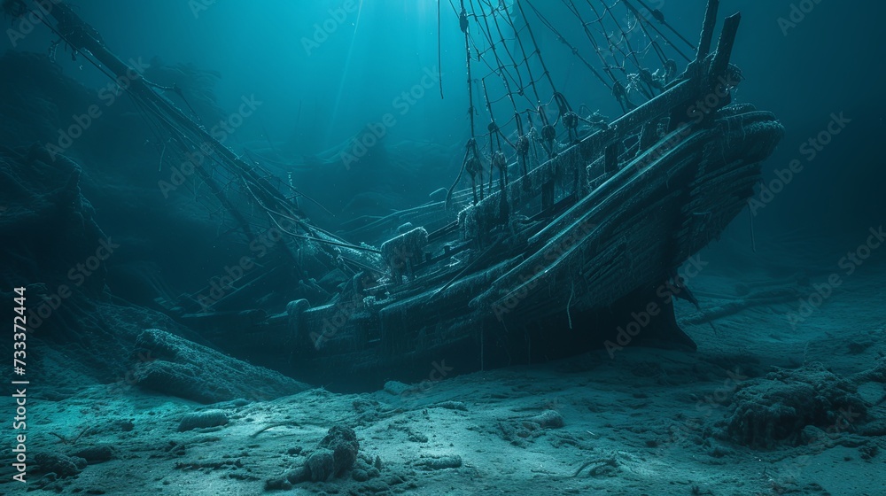 Fototapeta premium Old ancient pirate ship laying on sea bottom wallpaper background 