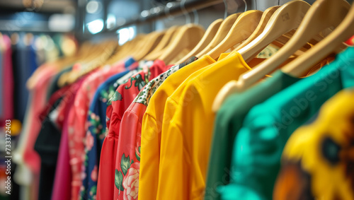 Vibrant display of blouses on hangers in a textile retail setting