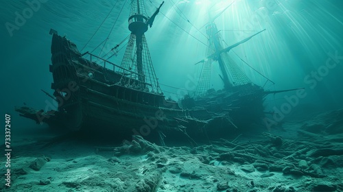 Old ancient pirate ship laying on sea bottom wallpaper background 