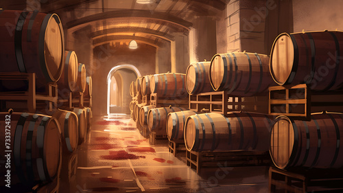 "Rustic Wine Cellar" - A richly detailed digital illustration showcasing wooden barrels in a wine cellar, meticulously crafted to convey the rustic elegance