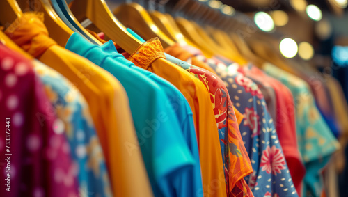 Vibrant display of blouses on hangers in a textile retail setting