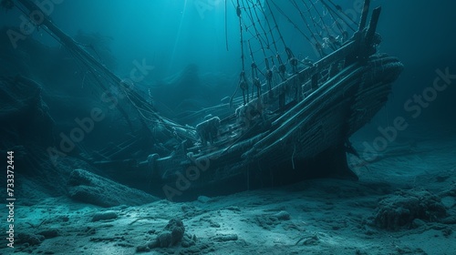 Old ancient pirate ship laying on sea bottom wallpaper background 