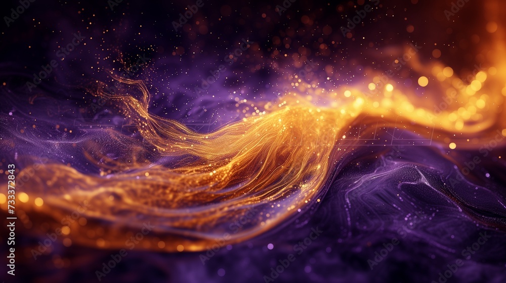 A symphony of molten gold and muted lavender, swirling gracefully in water, leaving an abstract imprint on a dark, mysterious background. 