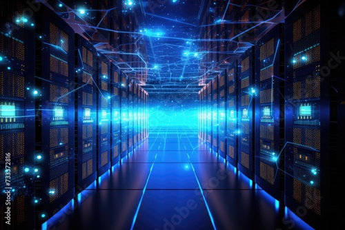 A glowing Network of connections in data center data storage, Data center and network devices in high performance operation, Ai generated © Tanu