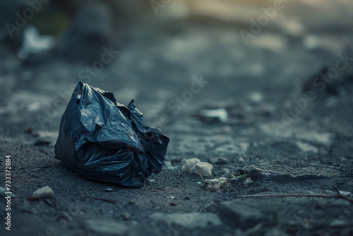 A black garbage bag is lying on the street