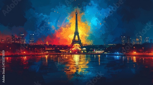 Vibrant Artistic Interpretation of Eiffel Tower at Night, Parisian Skyline