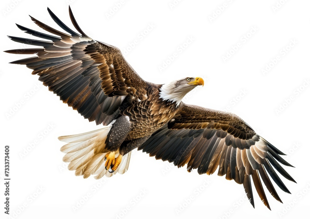 Fototapeta premium Dynamic view of a bald eagle in flight with wings spread wide against a clear background.