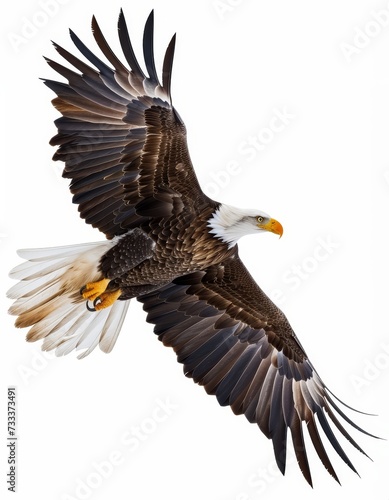 Dynamic view of a bald eagle in flight with wings spread wide against a clear background.