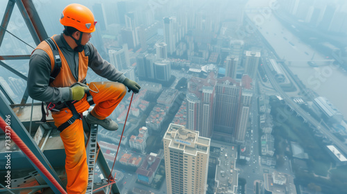 Industrial climber in high-visibility gear secures himself atop a skyscraper with an urban skyline shrouded in fog.