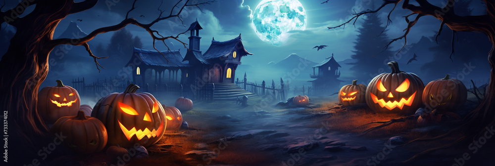 Halloween background with hounted house and pumpkins