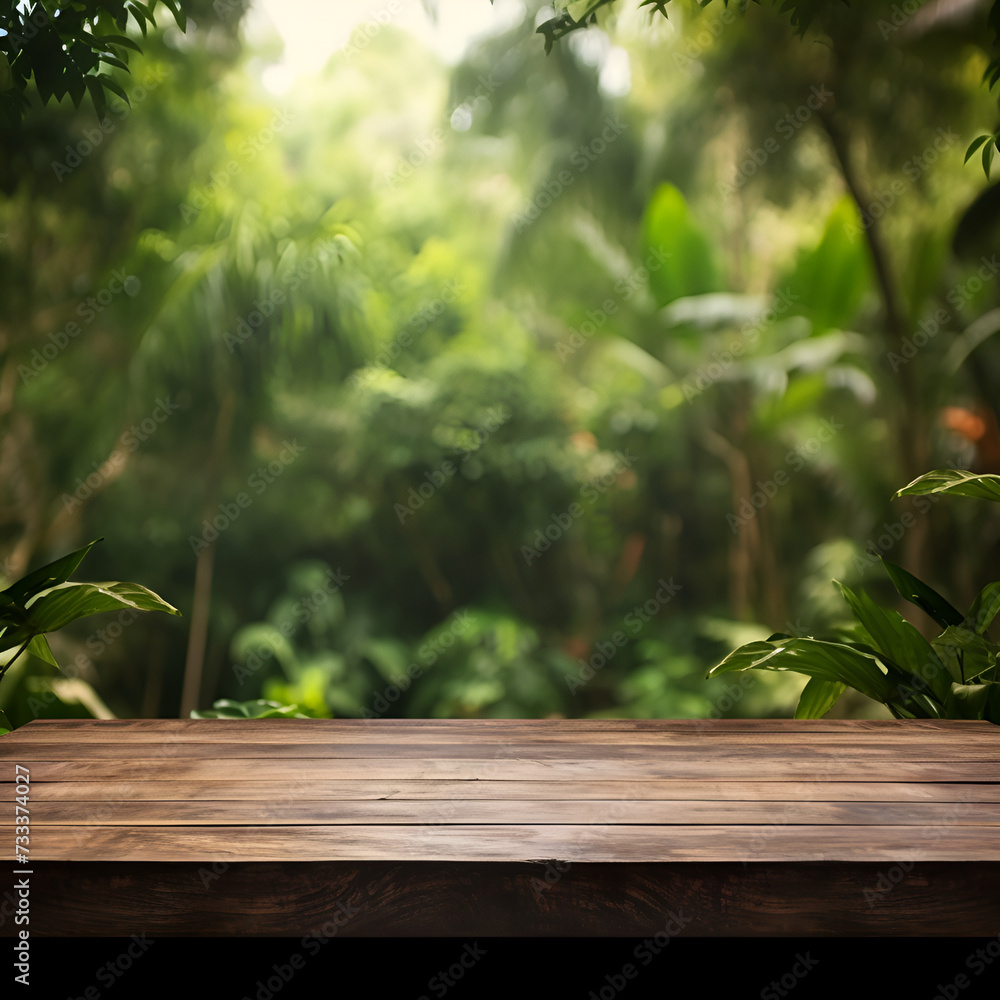 Wooden table with a blur forest background for creative design concept Wooden table with a blur forest background for creative design concept