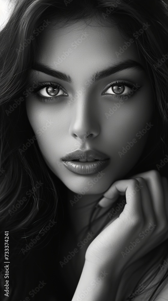 Black and white photo of a beautiful European girl, close-up portrait of a woman Black and white photo of a beautiful European girl, close-up portrait of a woman