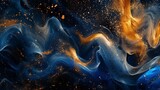 Celestial ribbons of sapphire blue and molten gold entwining in an intricate dance, creating a captivating and cosmic abstract artwork on a backdrop of profound black. 