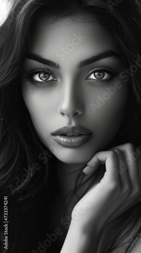 Black and white photo of a beautiful European girl, close-up portrait of a woman © serz72