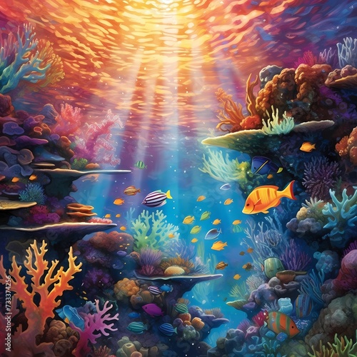 Vibrant Underwater Seascape with Colorful Coral Reef and Marine Life