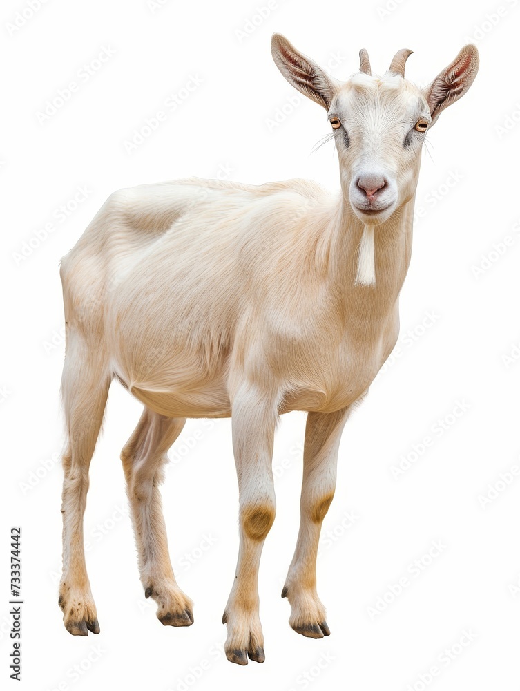 Full side view of a serene white goat with long fur and curved horns, isolated on a white background. Full side view of a serene white goat with long fur and curved horns, isolated on a white background.
