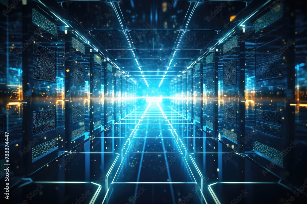 A glowing Network of connections in data center data storage, Depict a state of the art data center with rows of server racks A glowing Network of connections in data center data storage, Depict a state of the art data center with rows of server racks