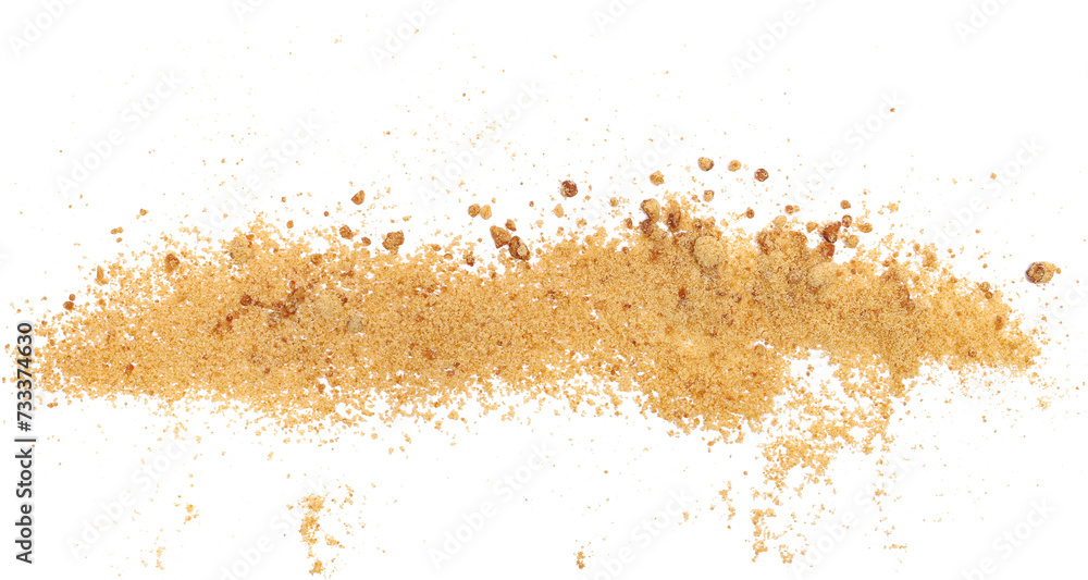 Close up unrefined brown cane sugar, scatter isolated on white, macro 
